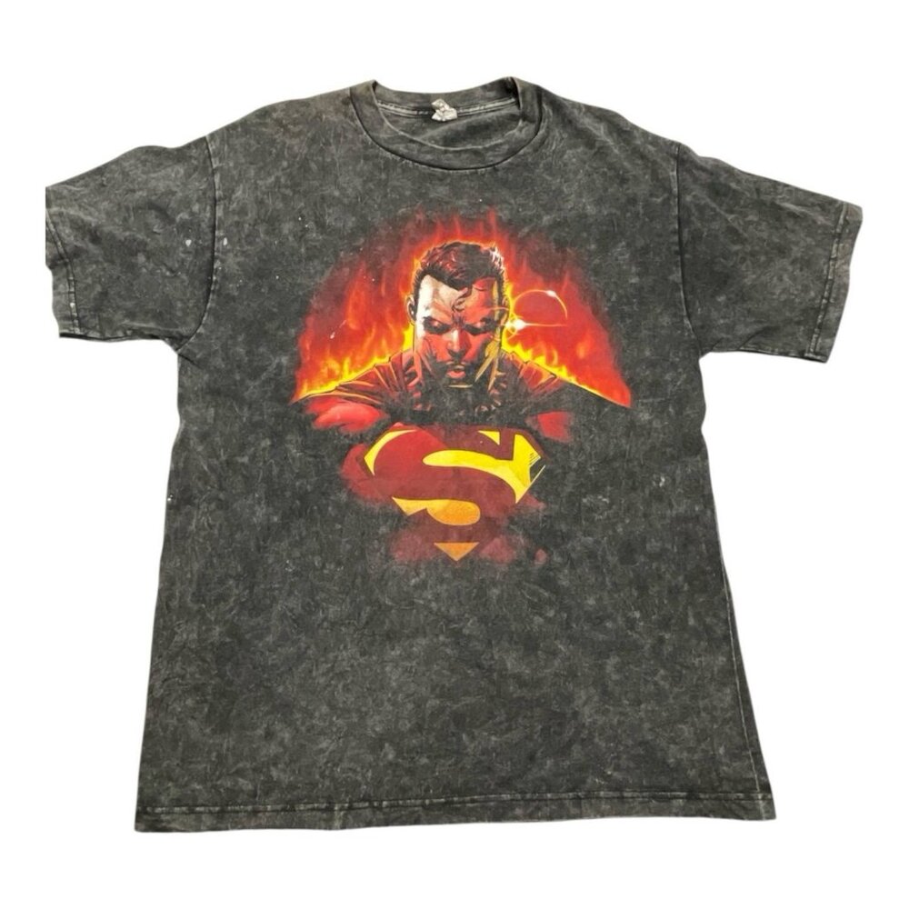 Superman Shirt Mens Large On Fire Stone Washed Black Alstyle‎